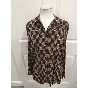 City Silk Petite Geometric Animal Print Button Up Shirt Top Women's-pm
